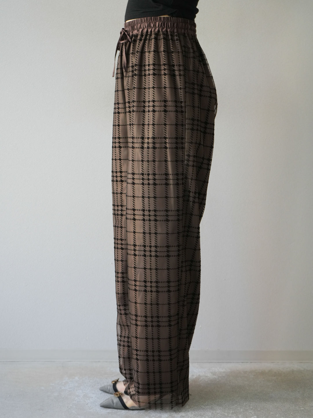 [予約]チェック柄チュールドッキングイージーパンツ/ブラウン