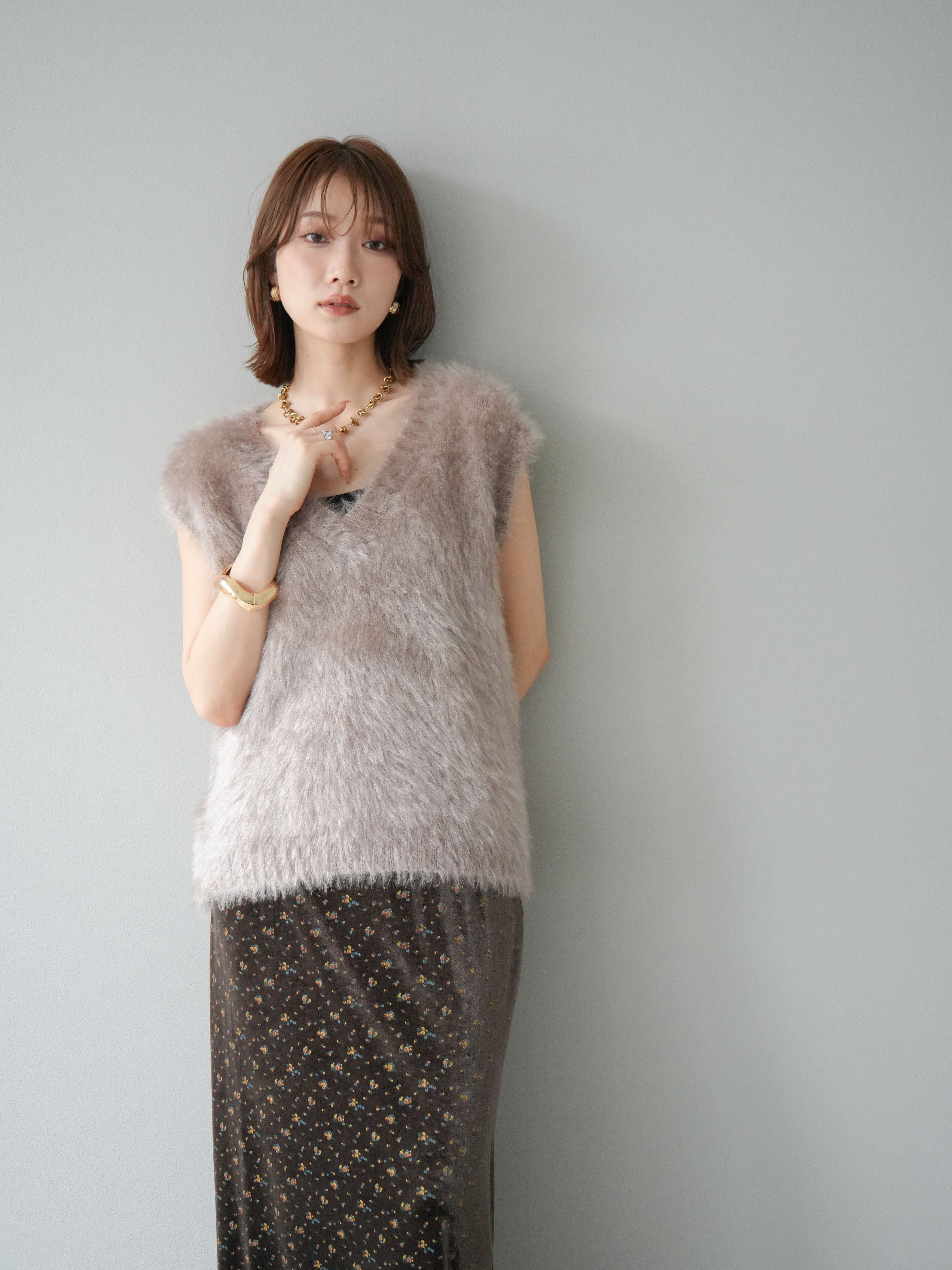 SET]ラメシャギーVネックニットベスト+ラメシャギーVネックニット