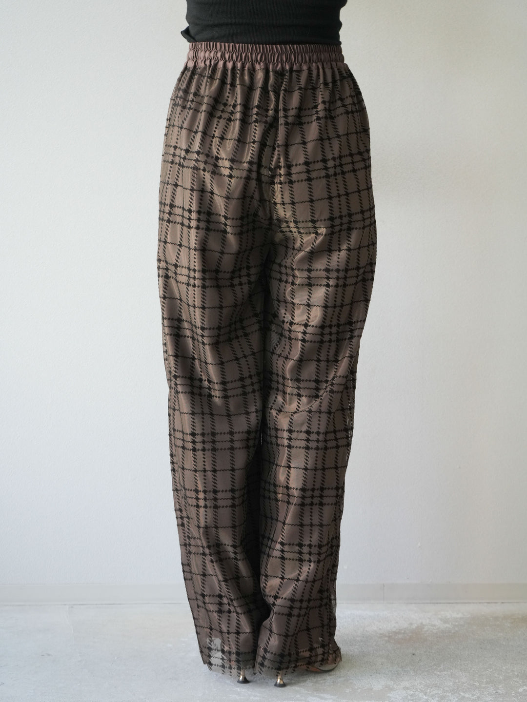 [予約]チェック柄チュールドッキングイージーパンツ/ブラウン