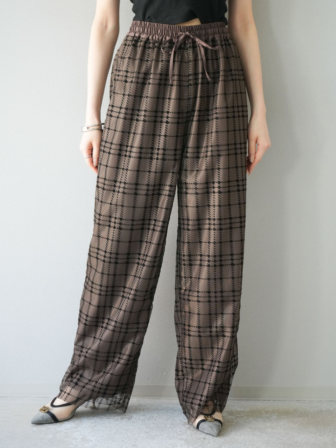 [予約]チェック柄チュールドッキングイージーパンツ/ブラウン
