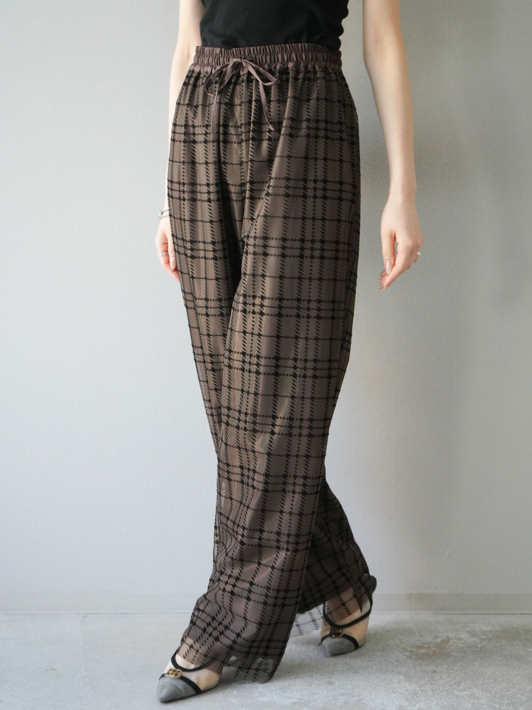 [予約]チェック柄チュールドッキングイージーパンツ/ブラウン
