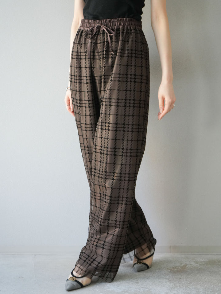 [予約]チェック柄チュールドッキングイージーパンツ/ブラウン