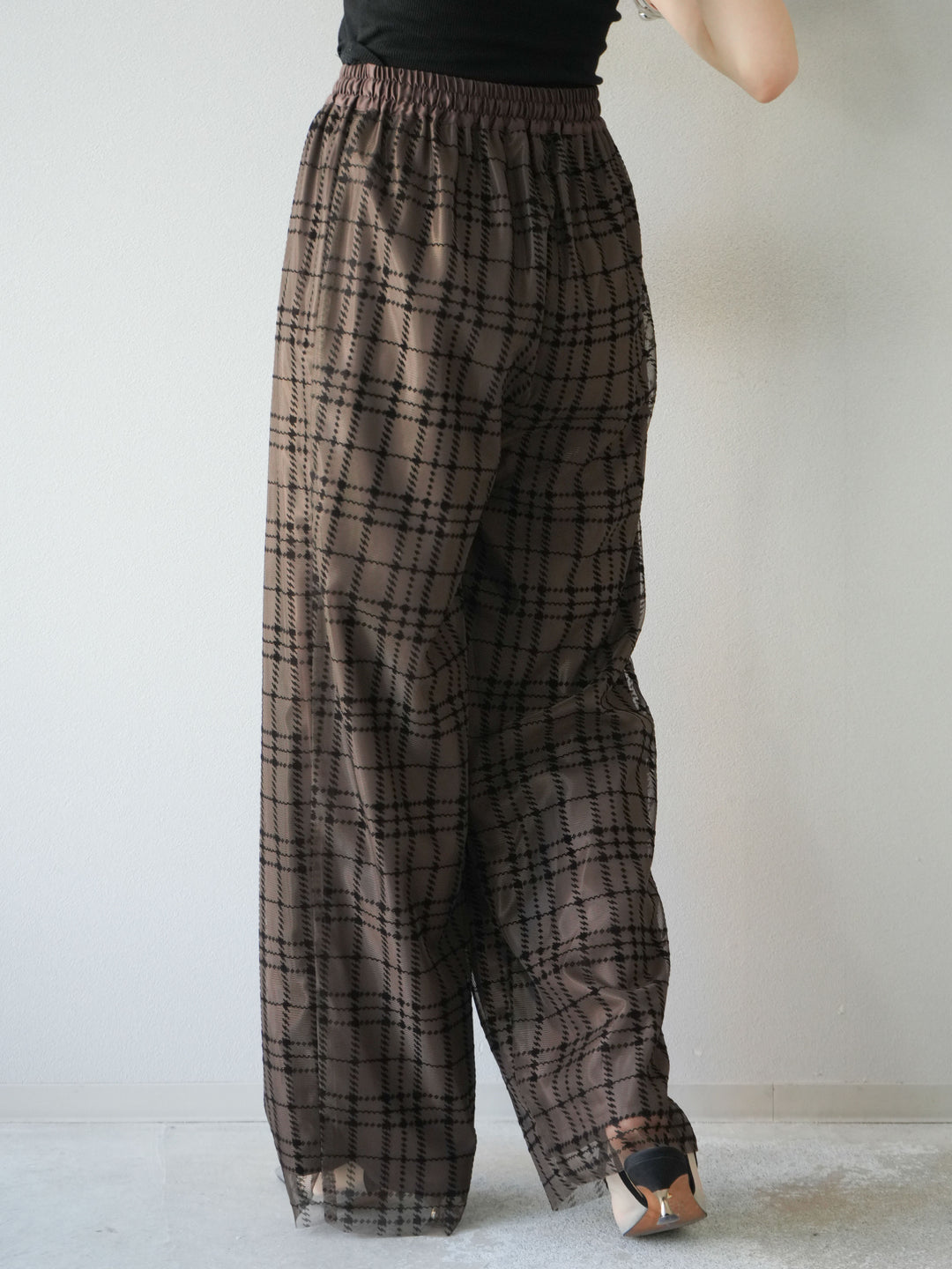 [予約]チェック柄チュールドッキングイージーパンツ/ブラウン