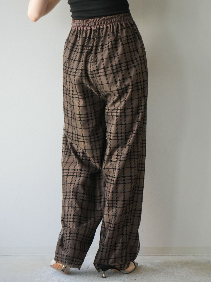 [予約]チェック柄チュールドッキングイージーパンツ/ブラウン
