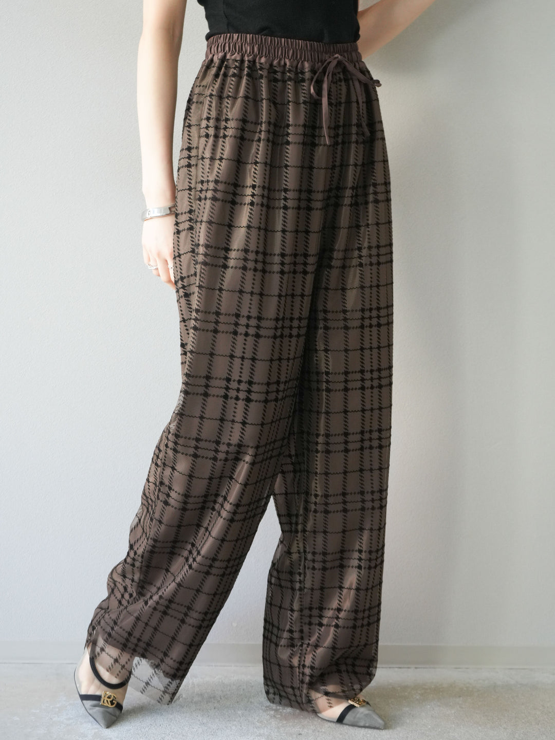 [予約]チェック柄チュールドッキングイージーパンツ/ブラウン