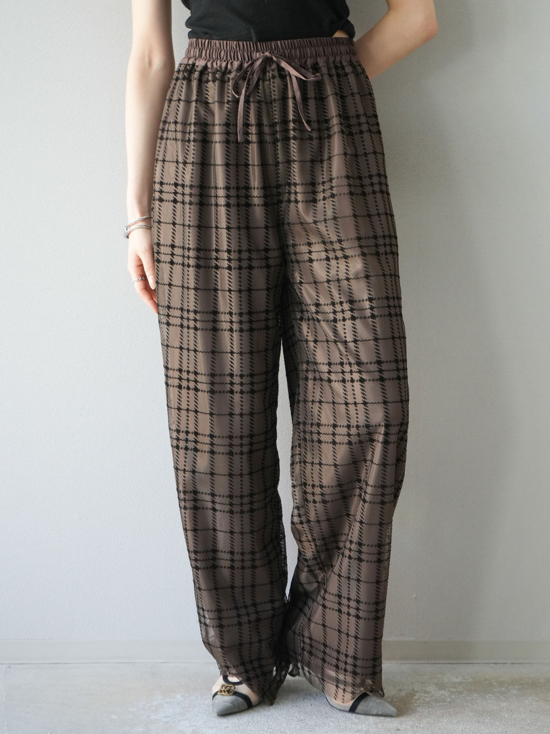 [予約]チェック柄チュールドッキングイージーパンツ/ブラウン