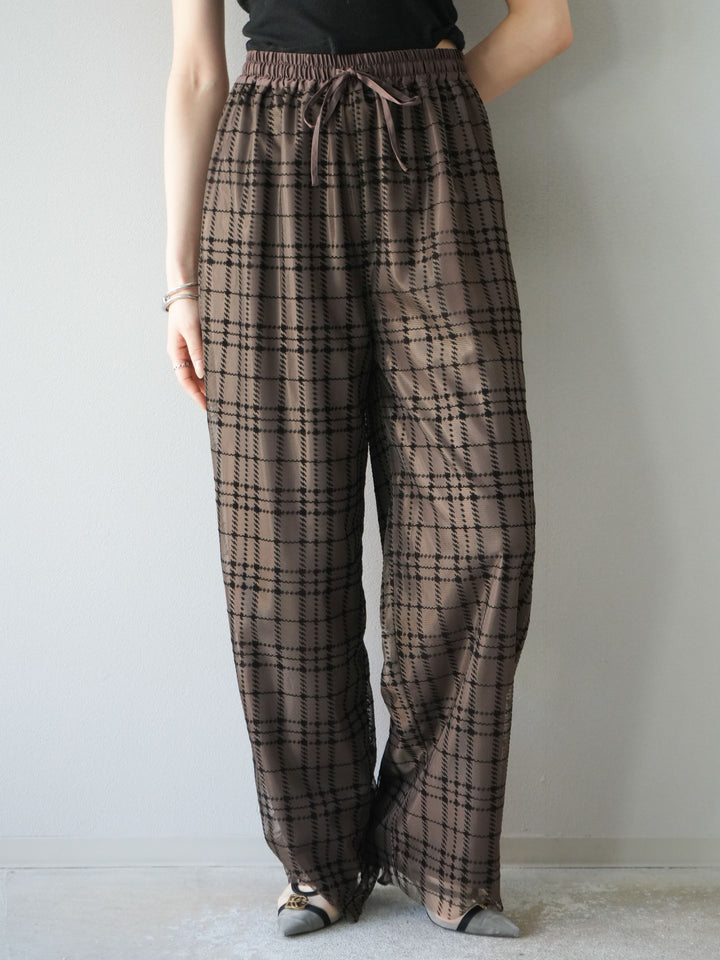 [予約]チェック柄チュールドッキングイージーパンツ/ブラウン