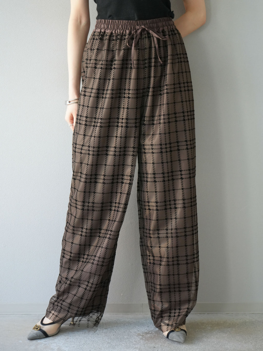 [予約]チェック柄チュールドッキングイージーパンツ/ブラウン