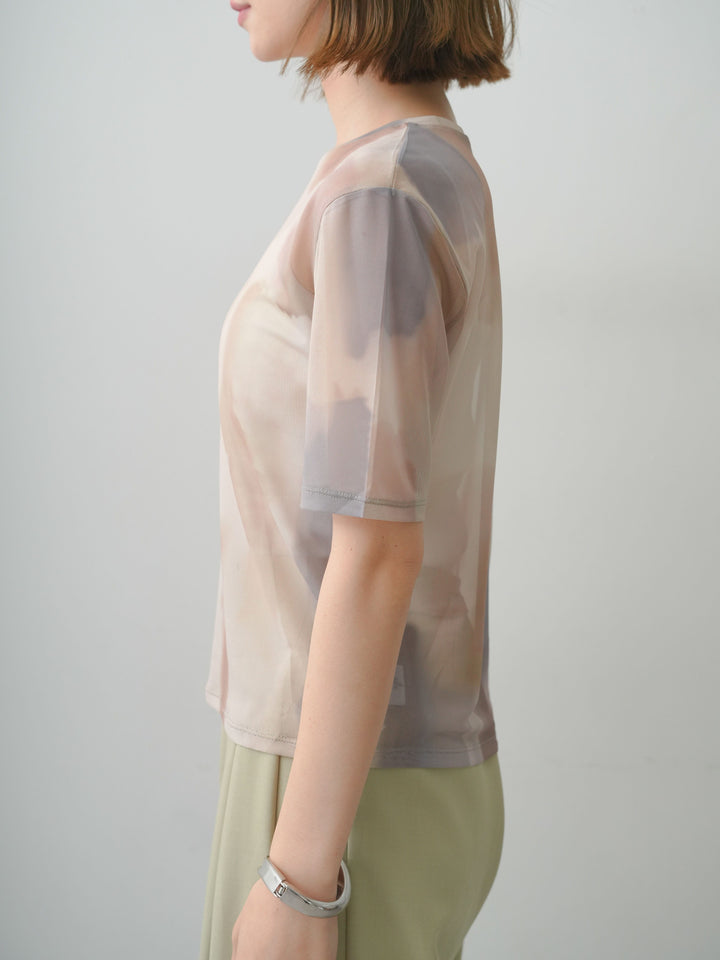 [予約]水彩柄メッシュシアー半袖プルオーバー/ecru