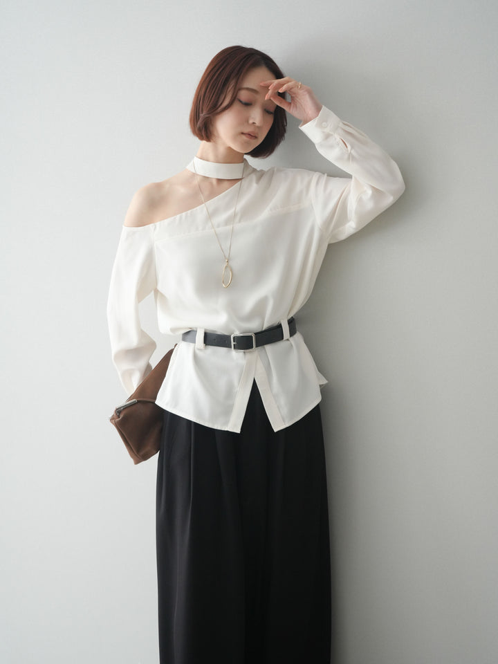 [SET]ベルト付ワンショルダースリットブラウス+編み込みベルト付タックワイドパンツ(2set)