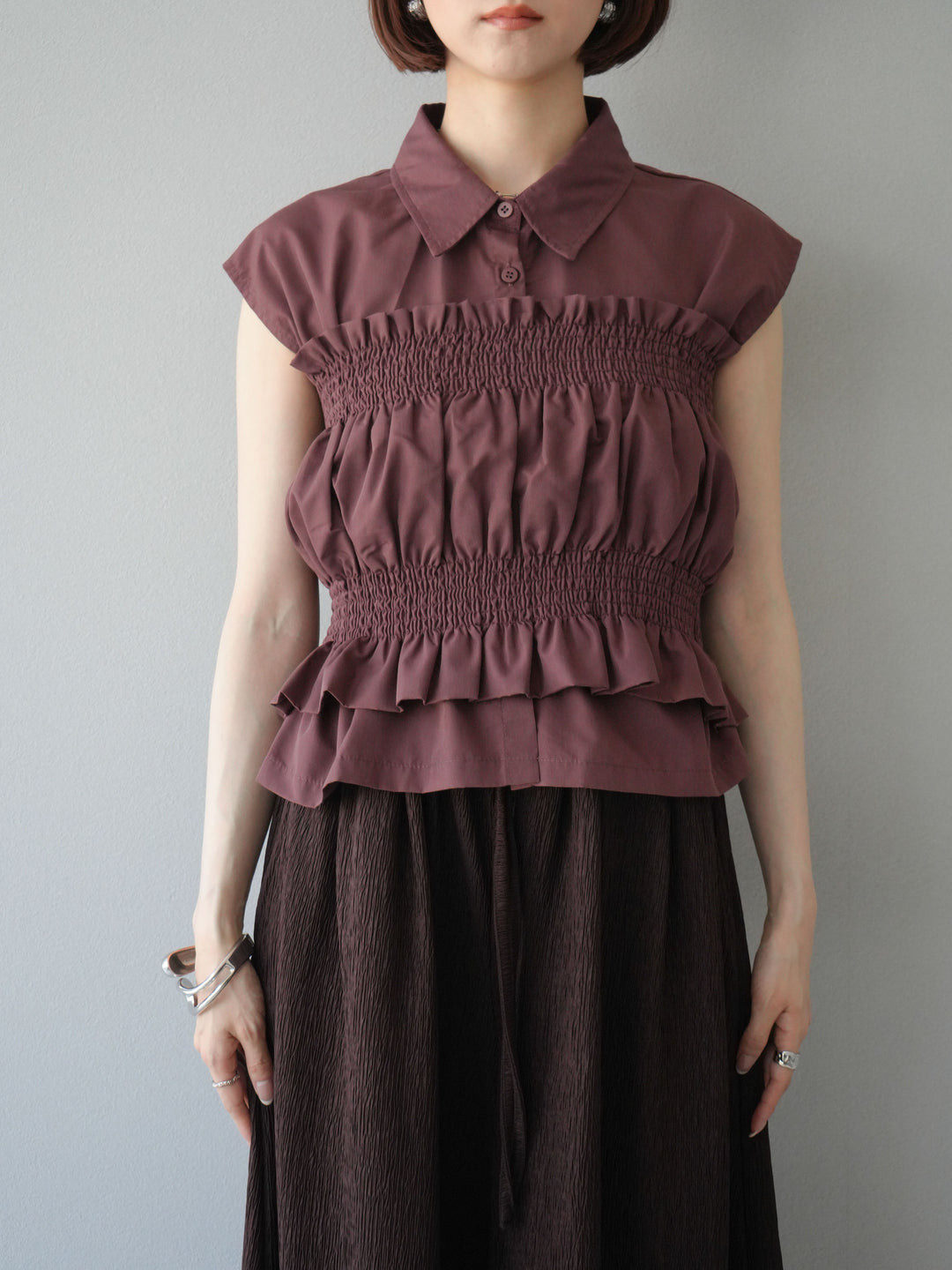 [予約]ブロードシャーリングビスチェ＆ノースリブラウスSET /ブラウン