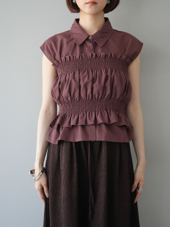 [予約]ブロードシャーリングビスチェ＆ノースリブラウスSET /ブラウン