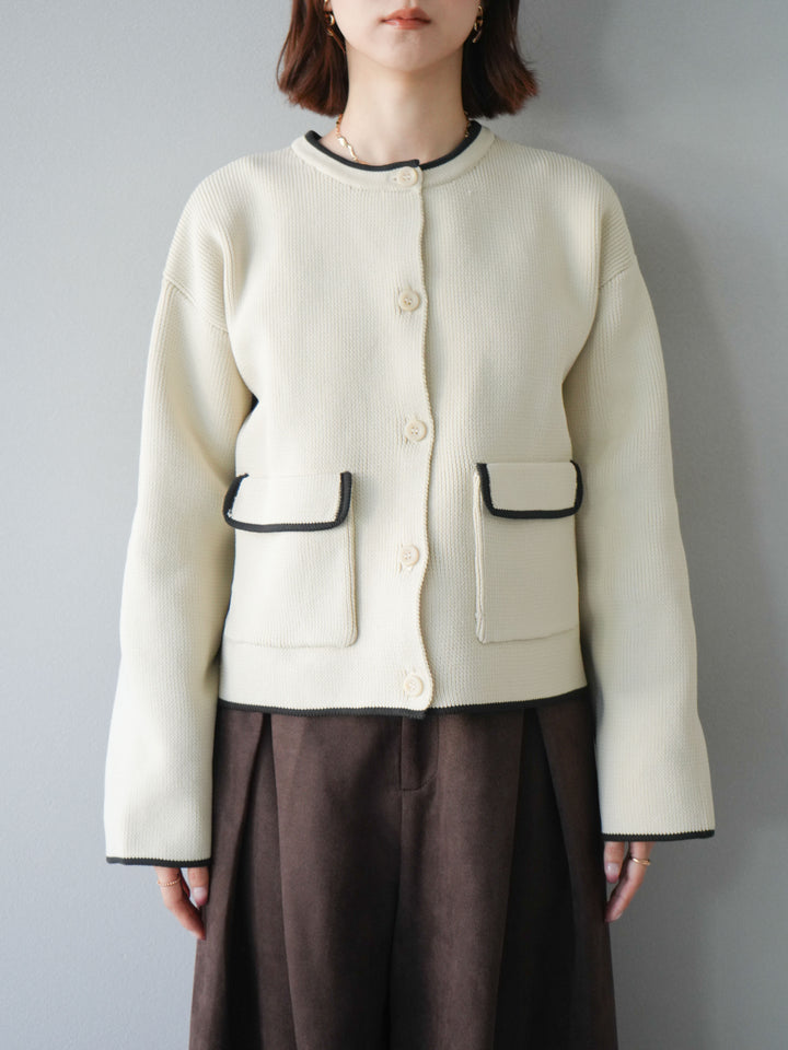 [予約]ポリエステル配色クルーネックカーディガン/アイボリー