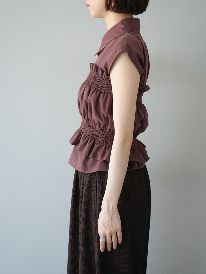 [予約]ブロードシャーリングビスチェ＆ノースリブラウスSET /ブラウン