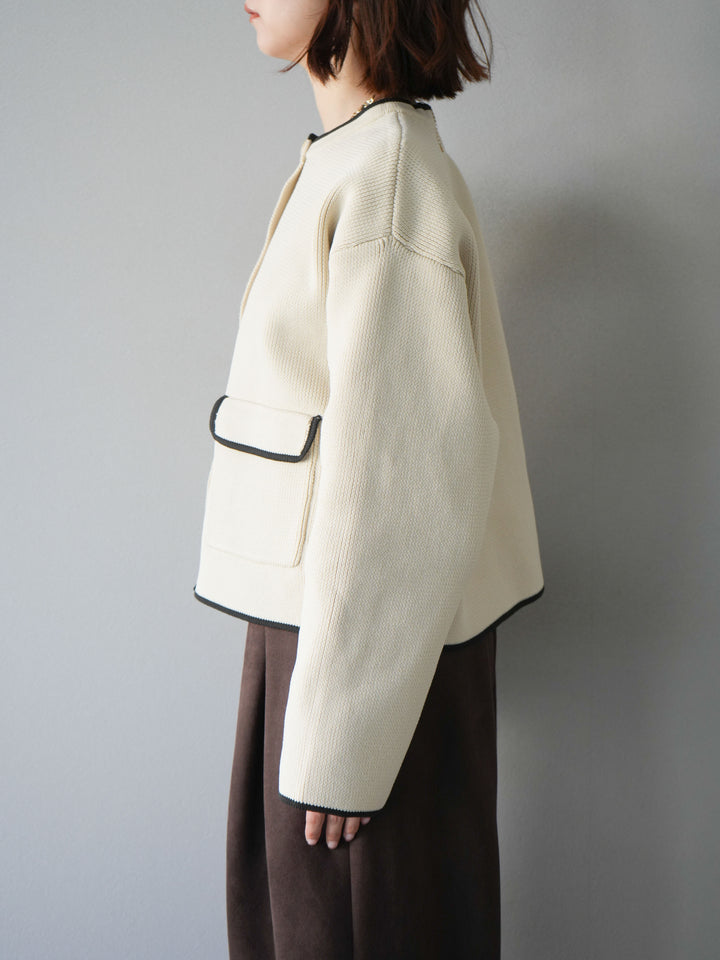 [予約]ポリエステル配色クルーネックカーディガン/アイボリー