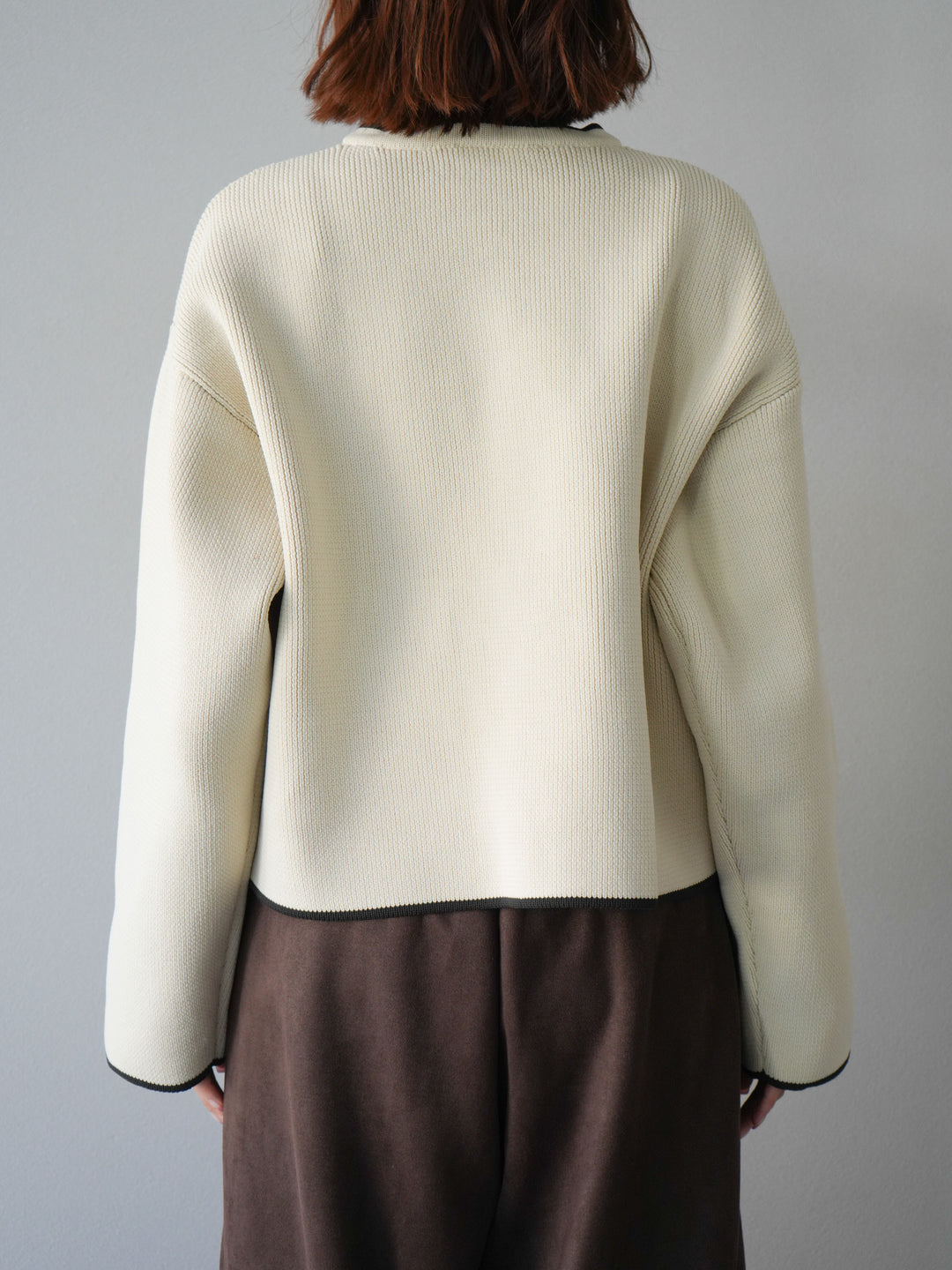 [予約]ポリエステル配色クルーネックカーディガン/アイボリー