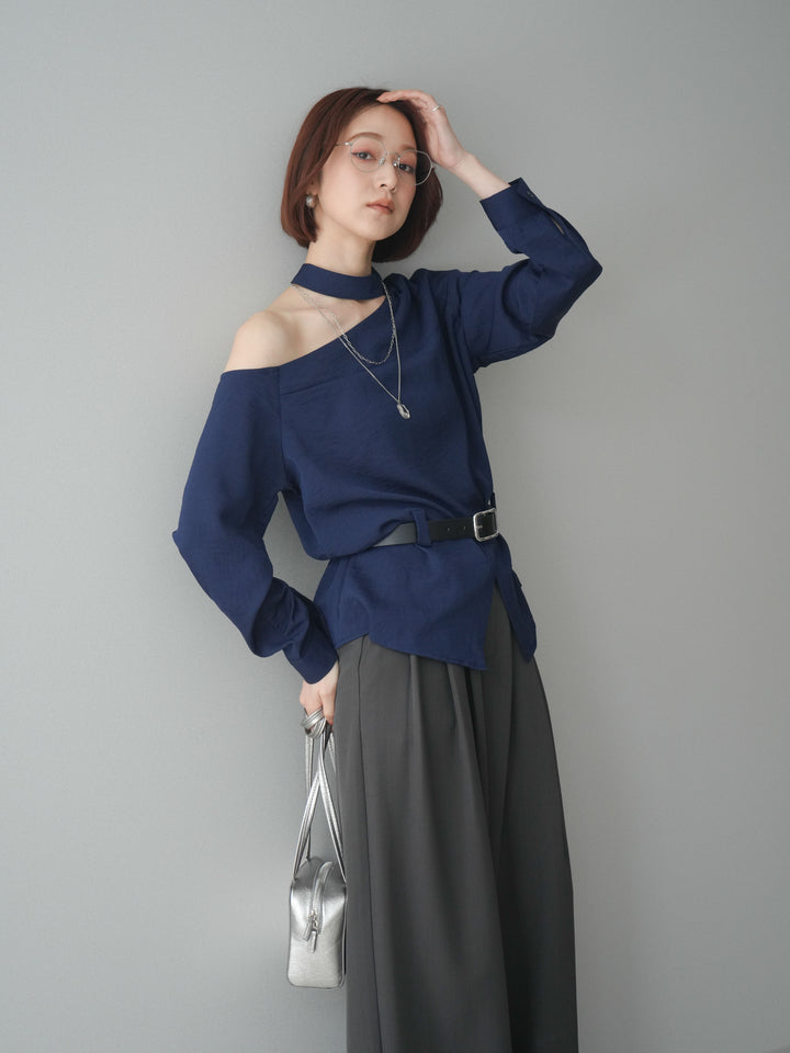 [SET]ベルト付ワンショルダースリットブラウス+編み込みベルト付タックワイドパンツ(2set)