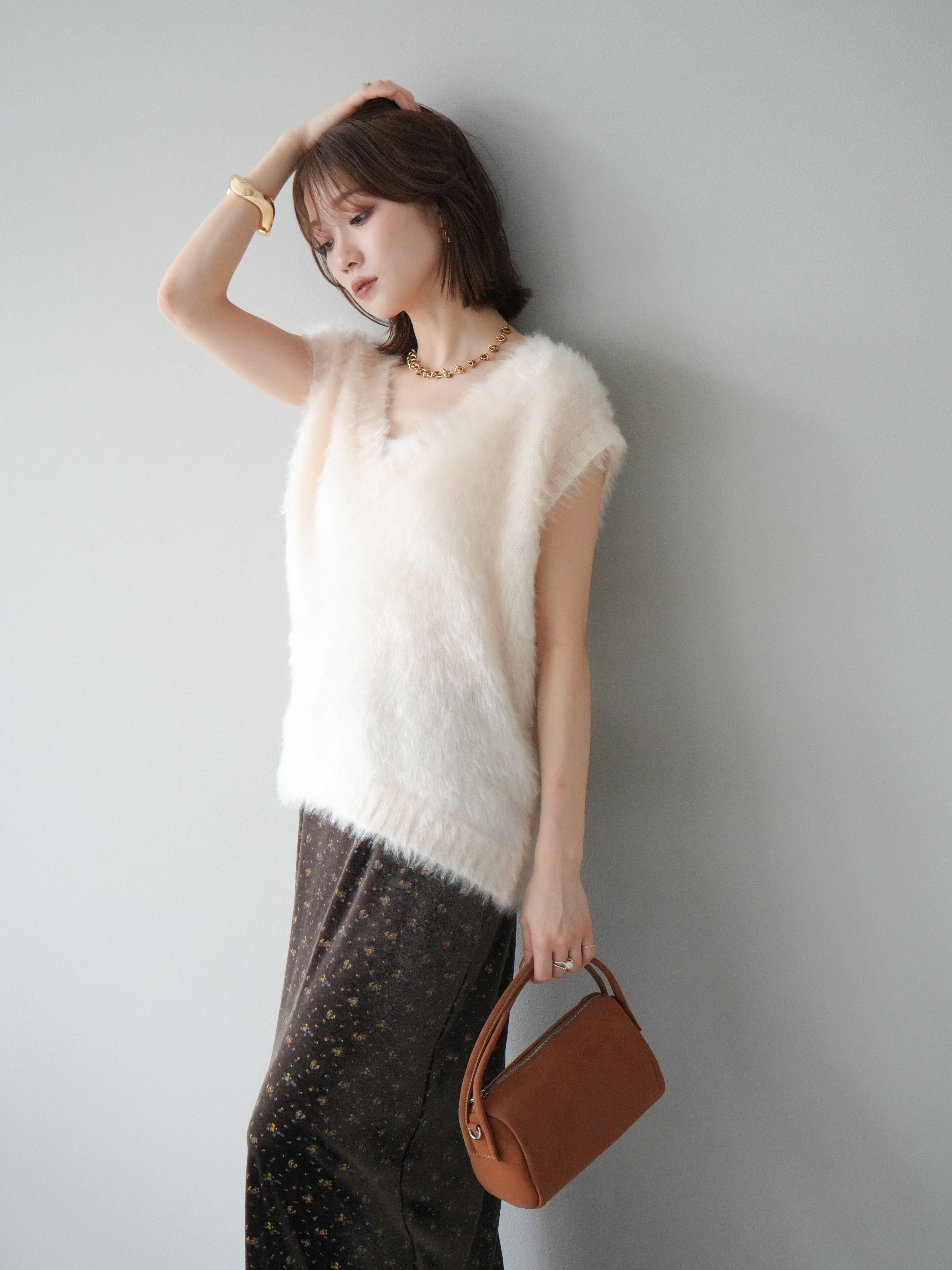 SET]ラメシャギーVネックニットベスト+ラメシャギーVネックニット