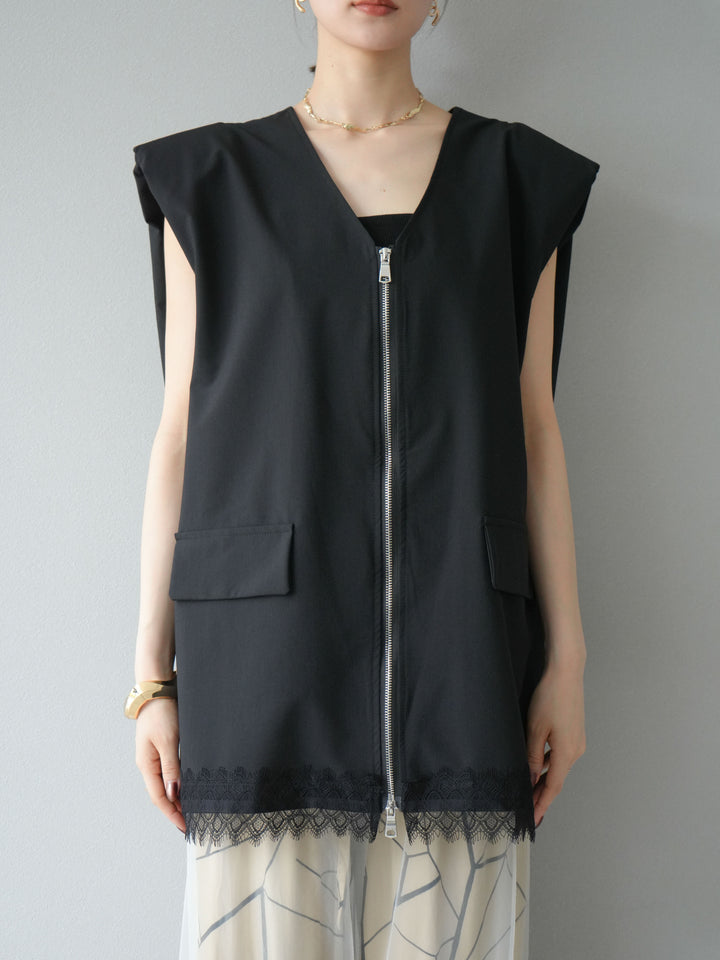 [預購] 雙拉鍊蕾絲下擺背心/黑色
