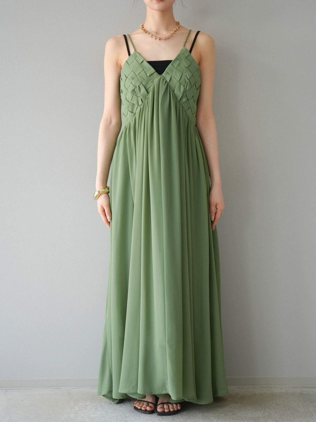 [予約]編み込みデザインシフォンワンピース/グリーン