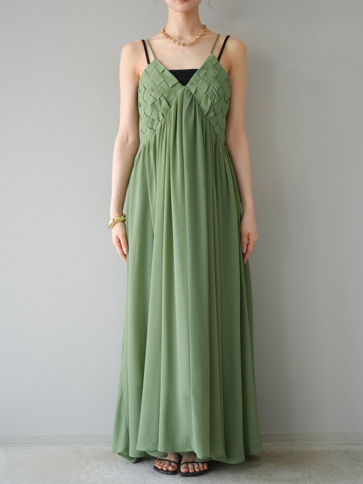 [予約]編み込みデザインシフォンワンピース/グリーン