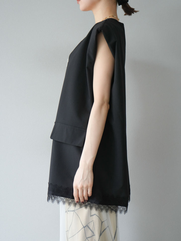 [預購] 雙拉鍊蕾絲下擺背心/黑色