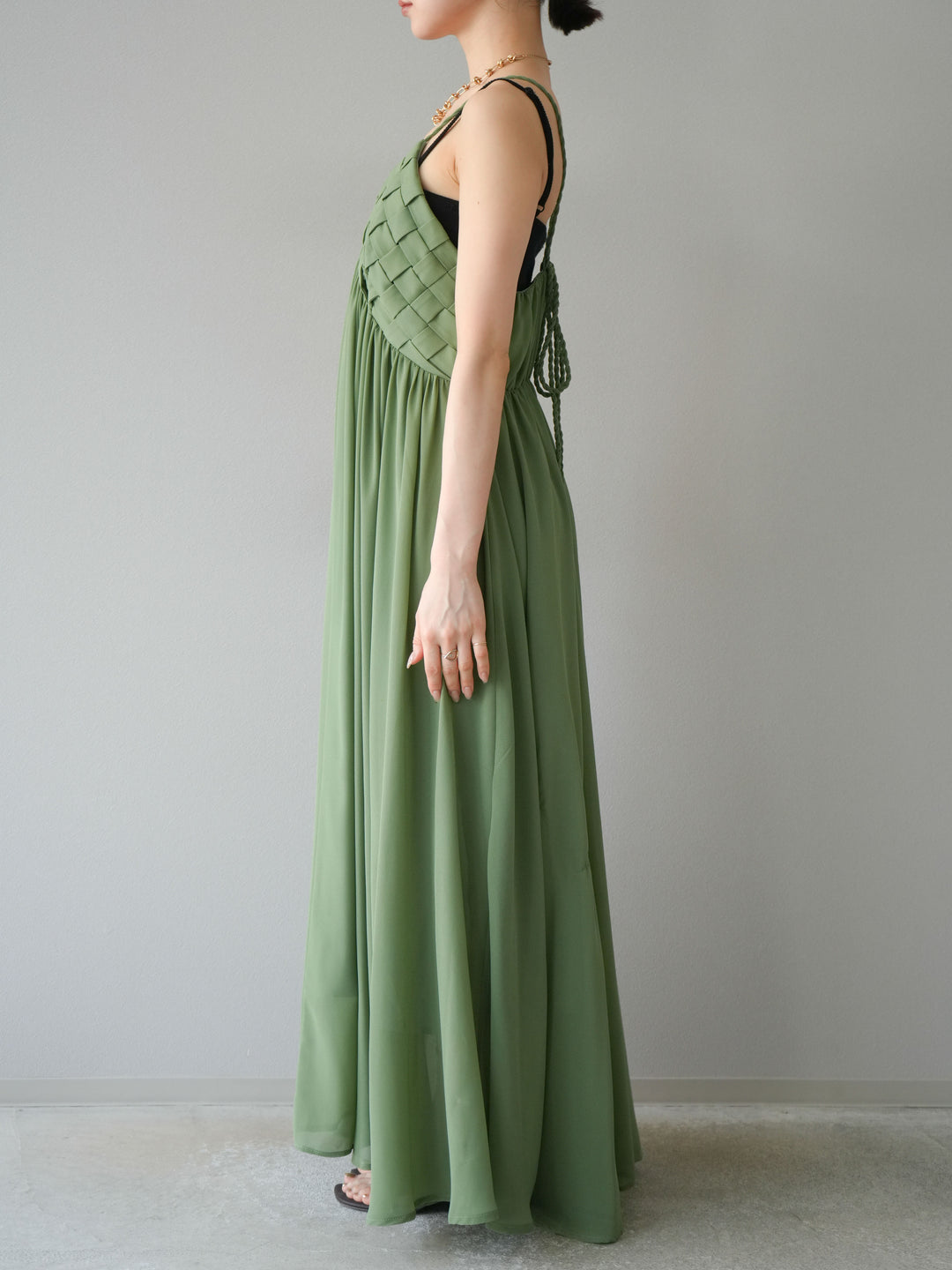 [予約]編み込みデザインシフォンワンピース/グリーン