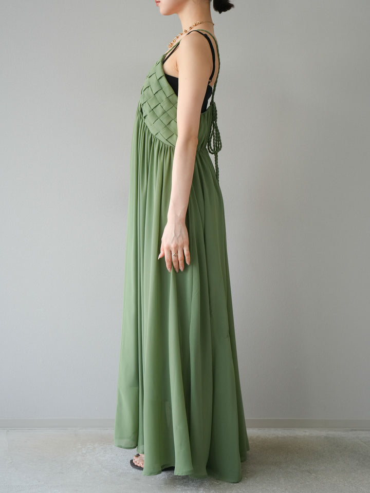 [予約]編み込みデザインシフォンワンピース/グリーン