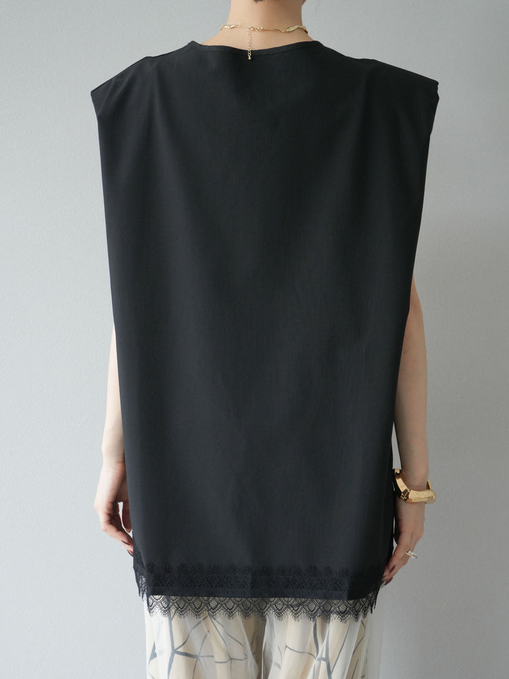 [預購] 雙拉鍊蕾絲下擺背心/黑色