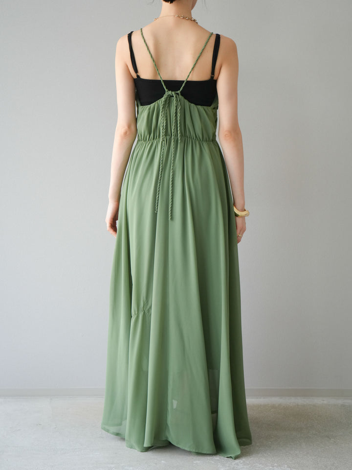 [予約]編み込みデザインシフォンワンピース/グリーン