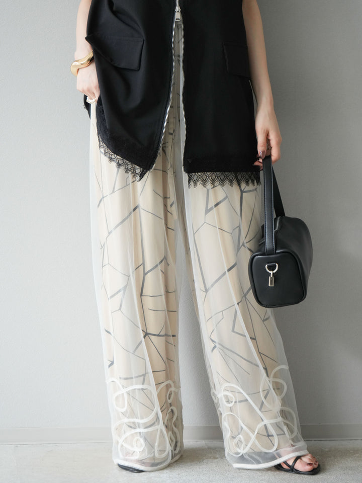 [予約]コード刺繍チュールレイヤードパンツ/オフ