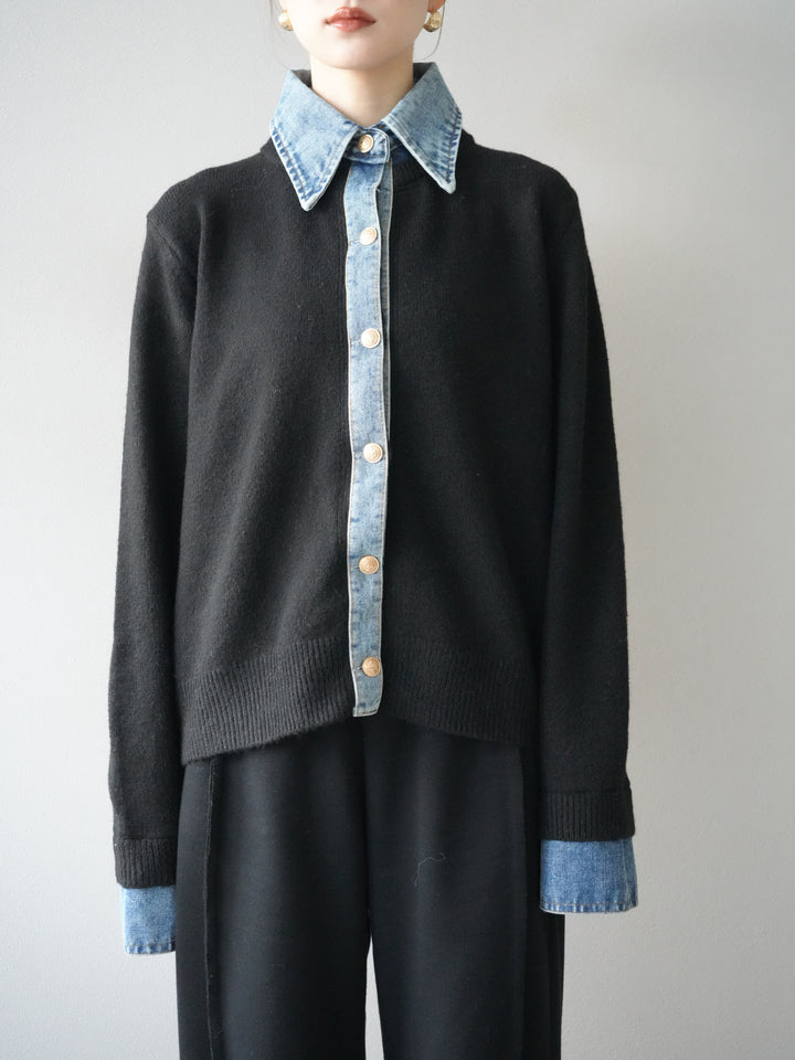 [予約]デニム襟ボタンニットカーディガン/black
