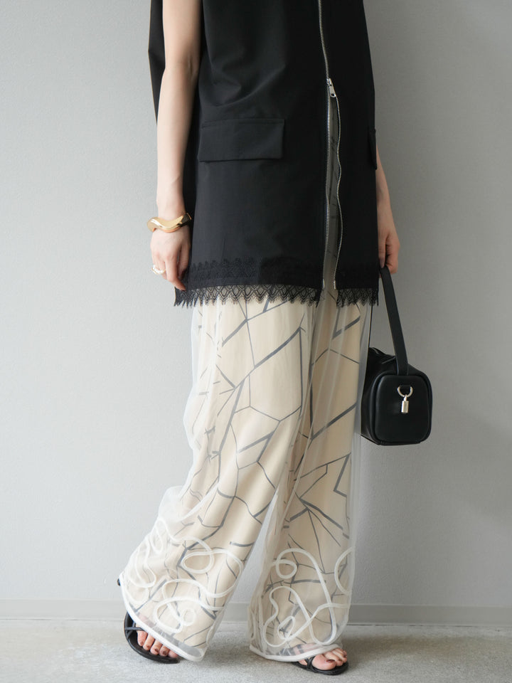 [予約]コード刺繍チュールレイヤードパンツ/オフ