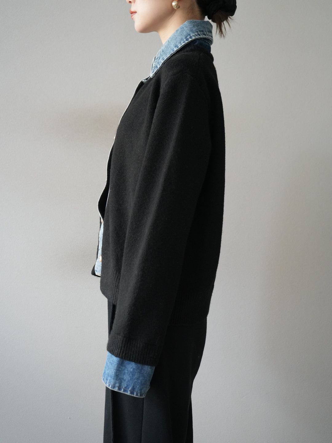 [予約]デニム襟ボタンニットカーディガン/black