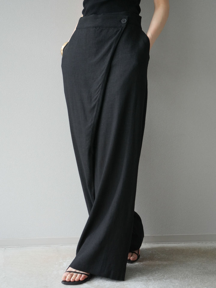 [予約]ライトリネンアシンメトリーワイドパンツ/ブラック