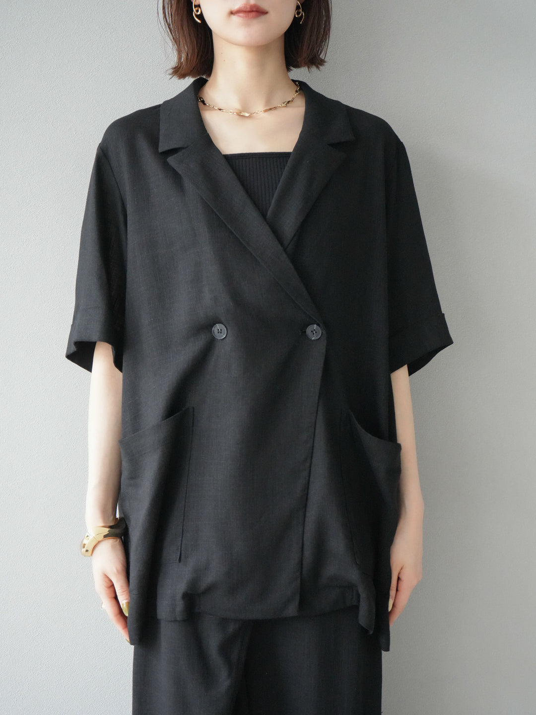 【預購】輕亞麻半袖外套/黑色