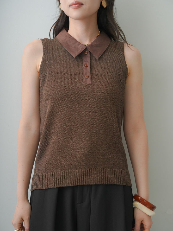 [予約]ポロカラーシアーノースリニットトップス/brown