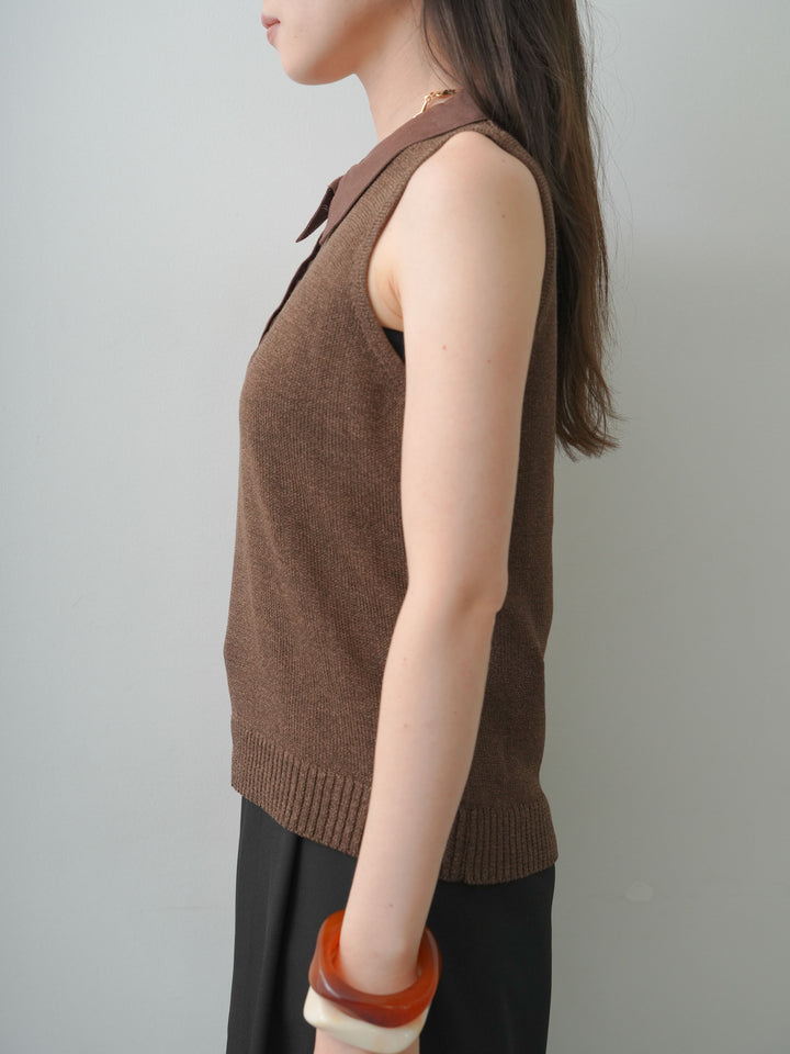 [予約]ポロカラーシアーノースリニットトップス/brown
