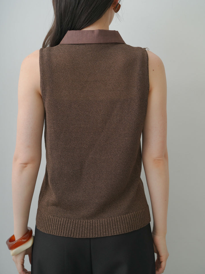 [予約]ポロカラーシアーノースリニットトップス/brown