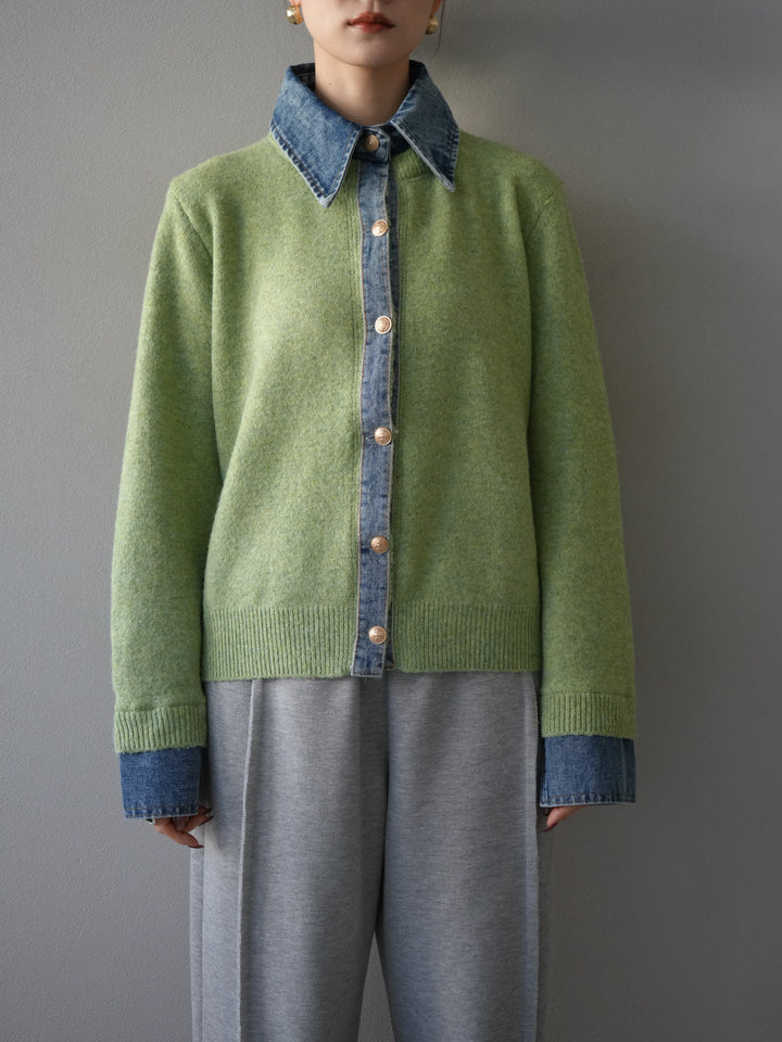 [予約]デニム襟ボタンニットカーディガン/pistachio