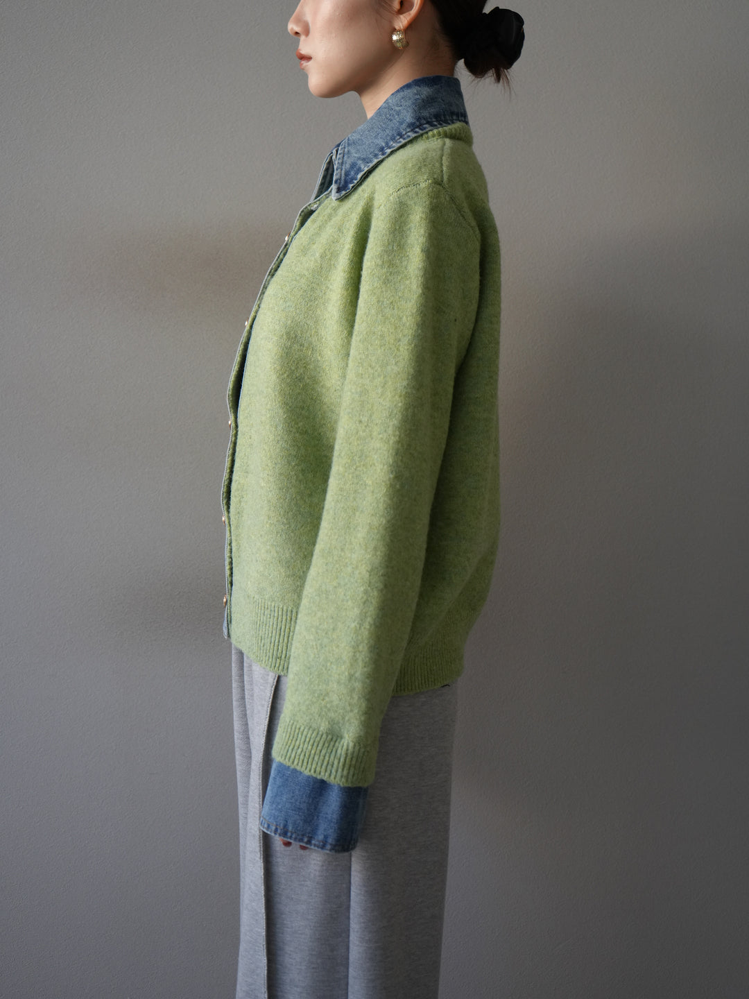 [予約]デニム襟ボタンニットカーディガン/pistachio