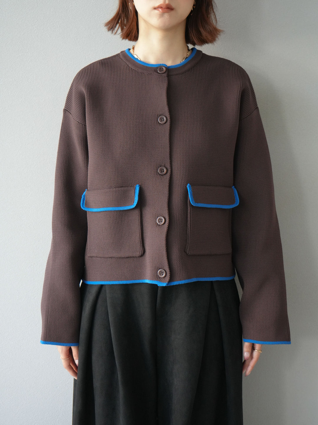 [予約]ポリエステル配色クルーネックカーディガン/ブラウン
