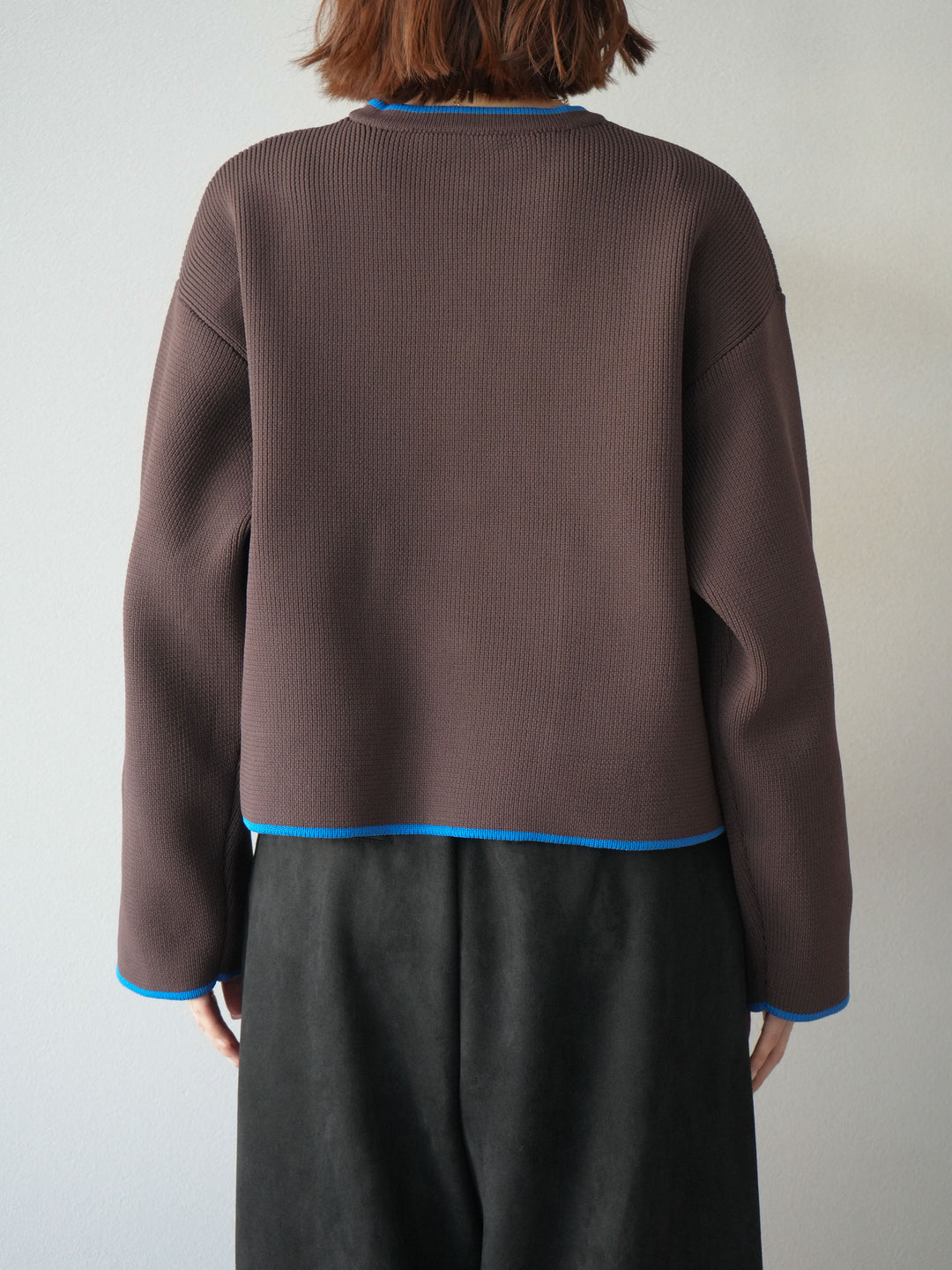 [予約]ポリエステル配色クルーネックカーディガン/ブラウン