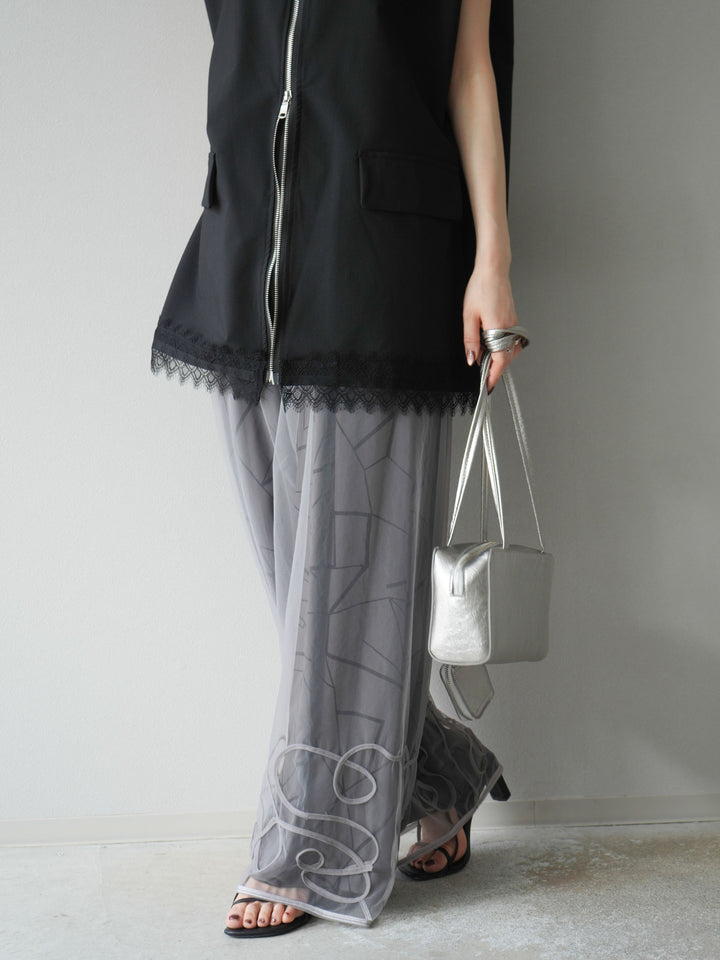 [2] 繩繡薄紗多層褲/灰色