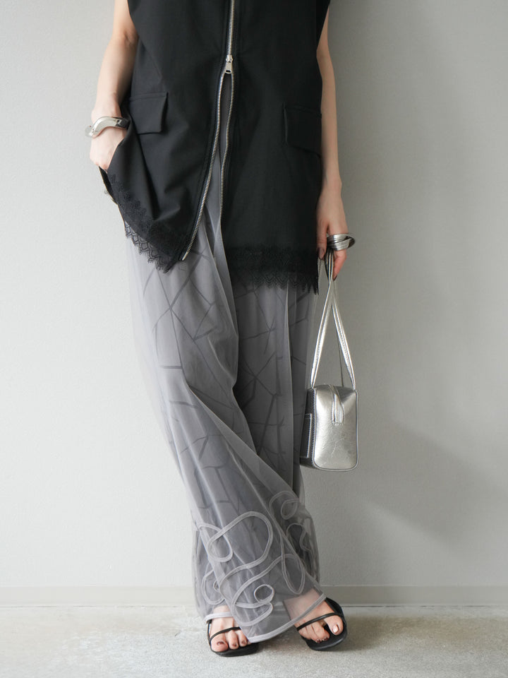 [2] 繩繡薄紗多層褲/灰色