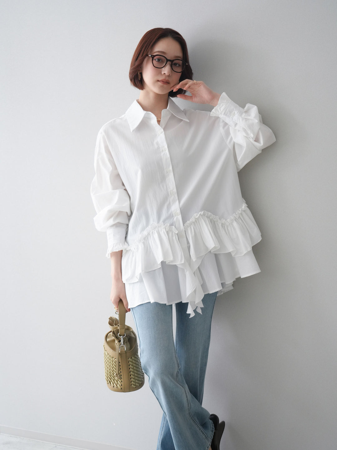 [SET]ラッフルデザインティアードブラウス+ハイウエストフレアデニムパンツ(2set)