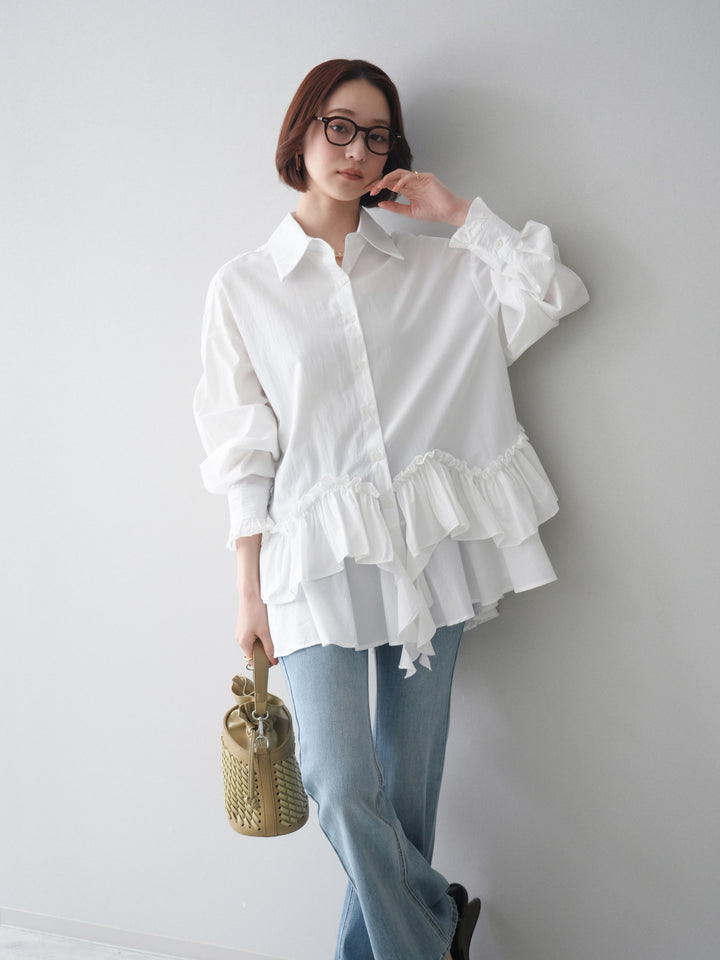 [SET]ラッフルデザインティアードブラウス+ハイウエストフレアデニムパンツ(2set)