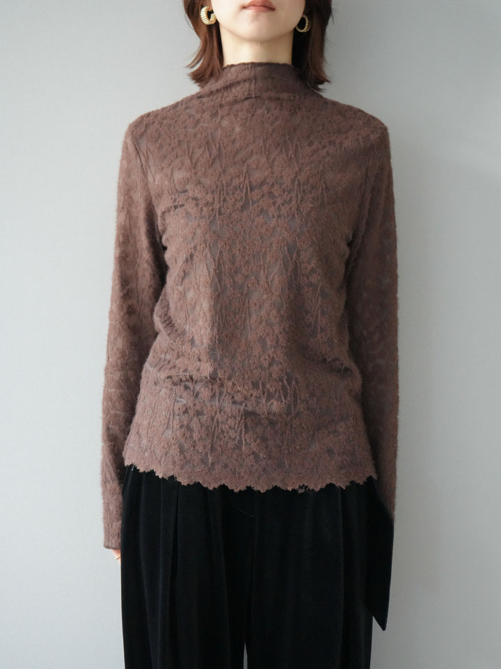 [予約]起毛レースプチネックトップス/brown