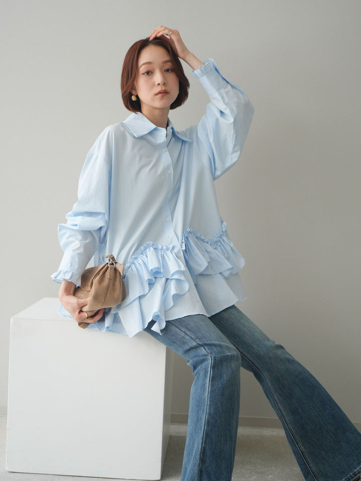 [SET]ラッフルデザインティアードブラウス+ハイウエストフレアデニムパンツ(2set)