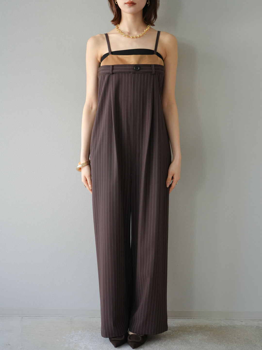 [予約]サテン切替ピンストライプサロペット/ブラウン